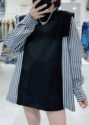 Chic Black O-Neck Striped Patchwork Sweatshirts Spring