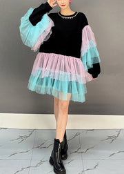 Chic Black O Neck Tulle Patchwork Cotton Mid Dress Spring