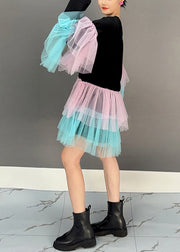 Chic Black O Neck Tulle Patchwork Cotton Mid Dress Spring