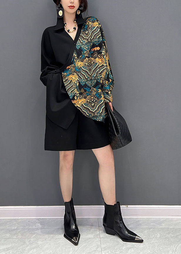 Chic Black Oversized Asymmetrical Design Print Shirt Spring