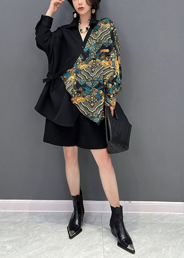 Chic Black Oversized Asymmetrical Design Print Shirt Spring