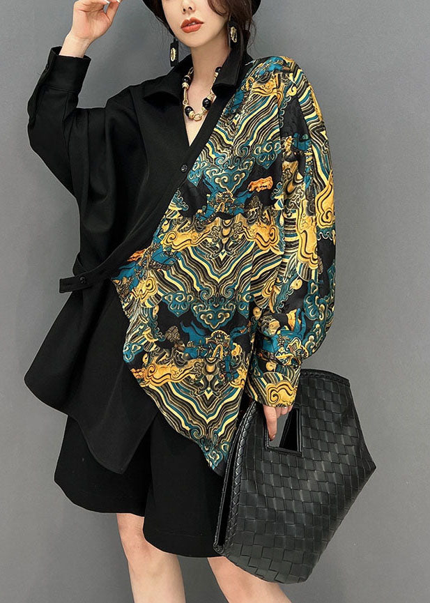 Chic Black Oversized Asymmetrical Design Print Shirt Spring