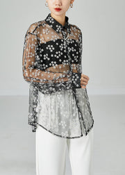 Chic Black Oversized Daisy Tulle Shirts Summer