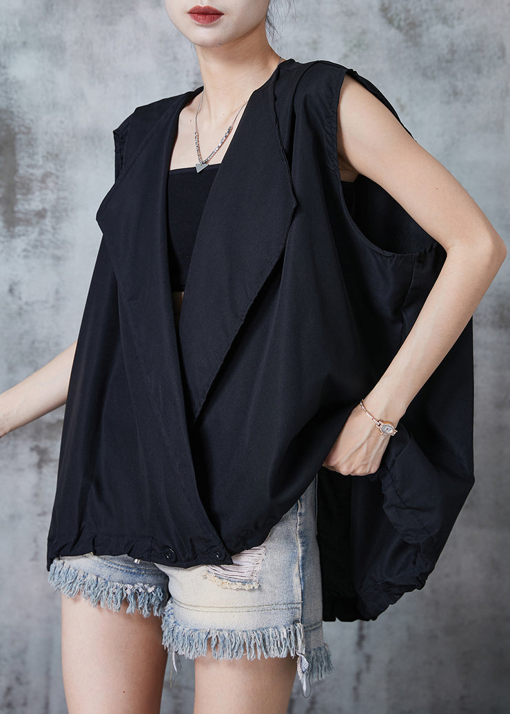 Chic Black Oversized Drawstring Cotton Beach Vest Summer