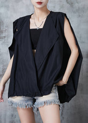 Chic Black Oversized Drawstring Cotton Beach Vest Summer