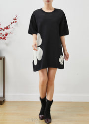 Chic Black Oversized Floral Cotton Mini Dress Summer