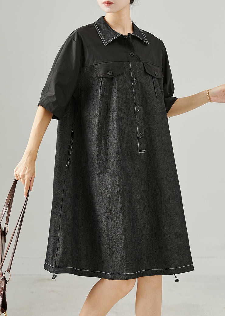 Chic Black Oversized Patchwork Cotton Mid Dress Summer