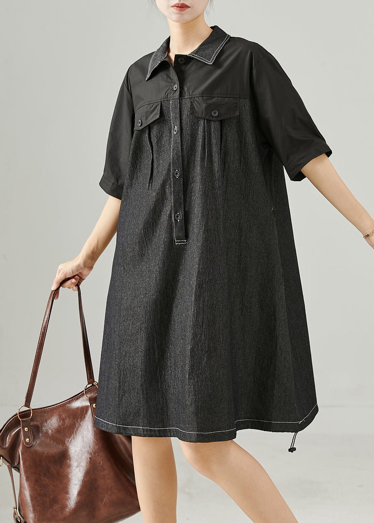 Chic Black Oversized Patchwork Cotton Mid Dress Summer