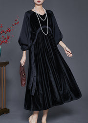 Chic Black Oversized Patchwork Drawstring Silk Velvet Dress Spring