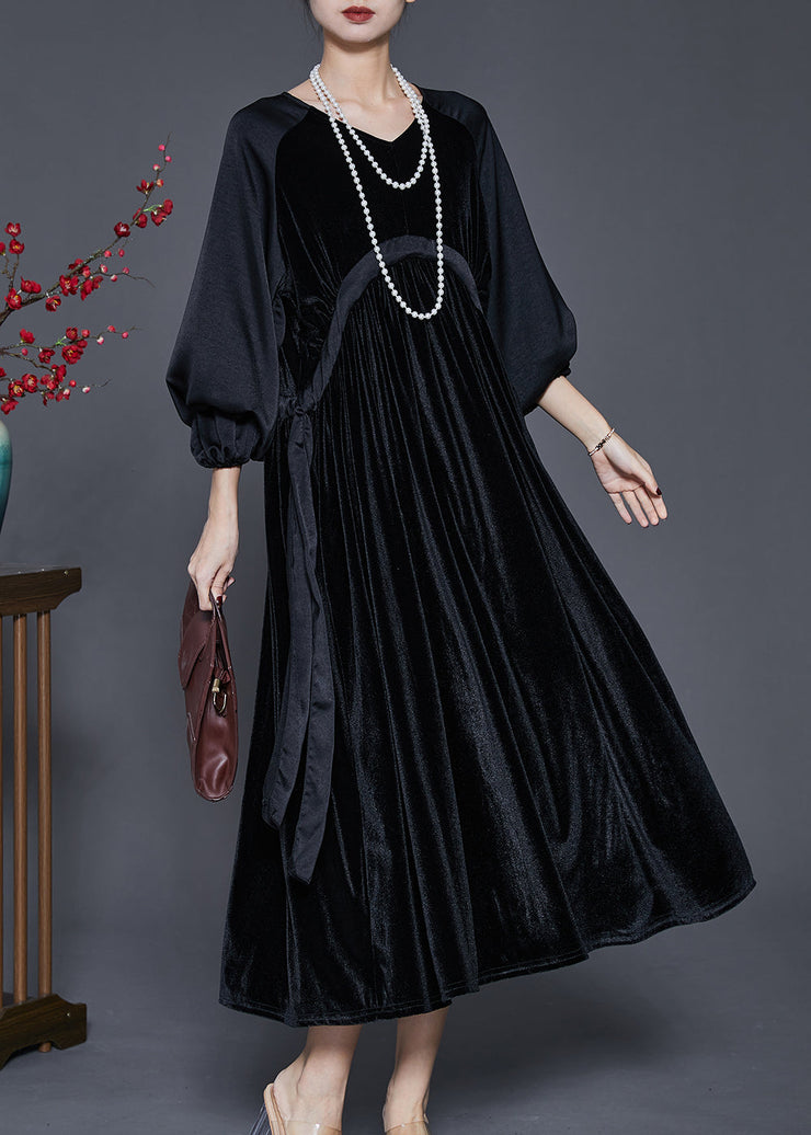 Chic Black Oversized Patchwork Drawstring Silk Velvet Dress Spring