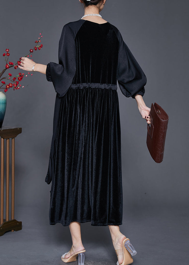 Chic Black Oversized Patchwork Drawstring Silk Velvet Dress Spring