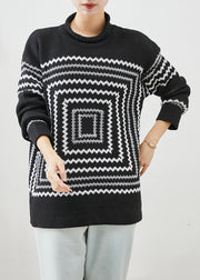 Chic Black Oversized Print Knit Sweaters Winter