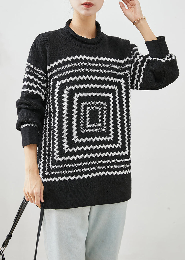 Chic Black Oversized Print Knit Sweaters Winter