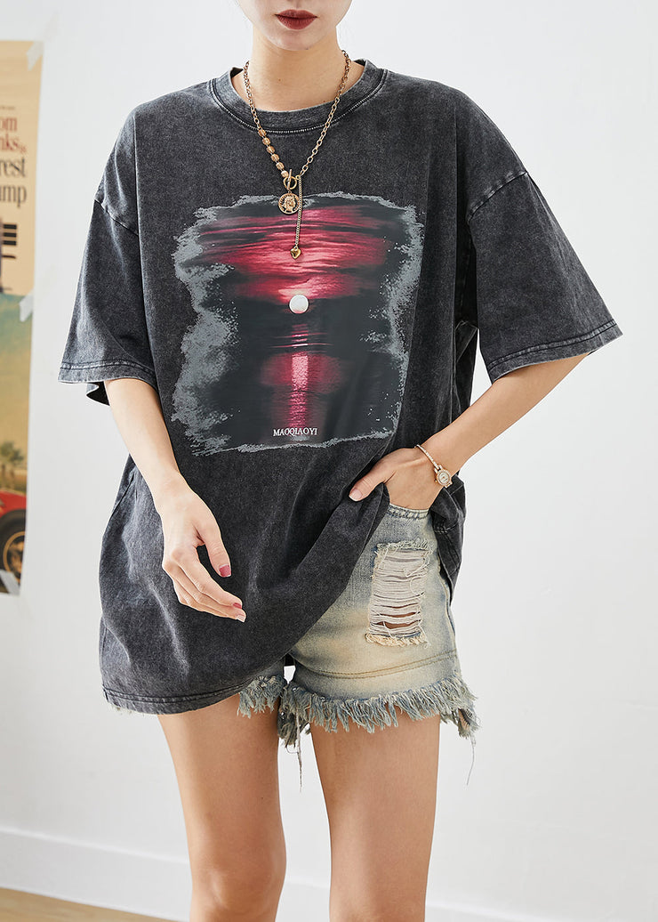 Chic Black Oversized Sunset Print Cotton Tank Tops Summer