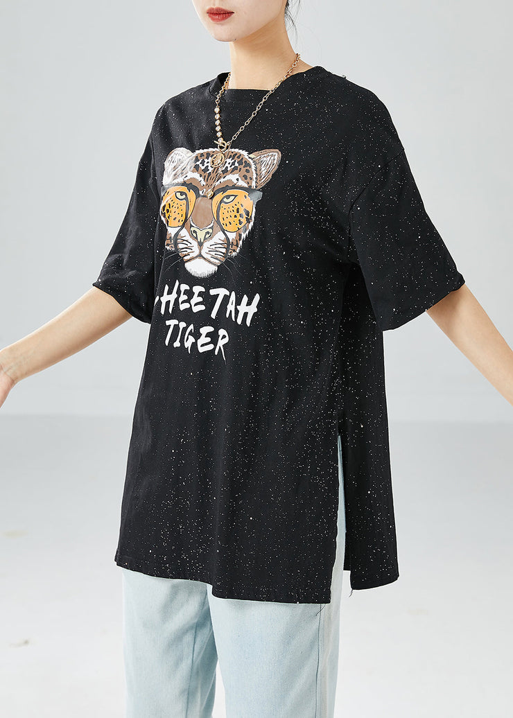 Chic Black Oversized Tiger Print Side Open Cotton Tank Tops Summer