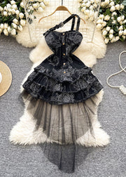 Chic Black Patchwork Tulle Denim Strapless Dress Summer