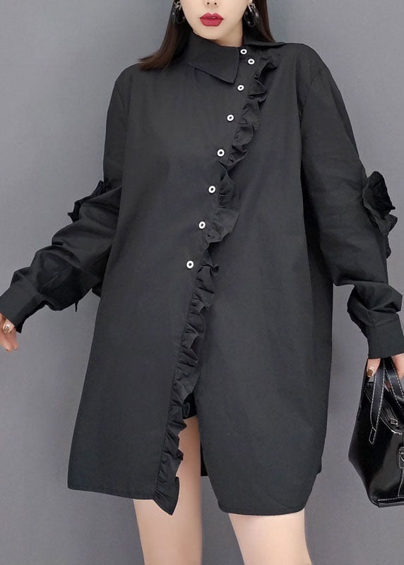 Chic Black Peter Pan Collar Asymmetrical Ruffled Cotton Shirt Tops Spring