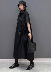 Chic Black Peter Pan Collar Cinched Button Tulle Patchwork Maxi Dresses Short Sleeve