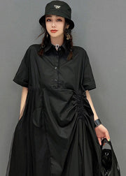 Chic Black Peter Pan Collar Cinched Button Tulle Patchwork Maxi Dresses Short Sleeve