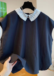 Chic Black Peter Pan Collar Cotton Shirts Top Summer