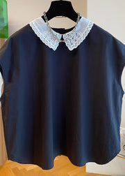 Chic Black Peter Pan Collar Cotton Shirts Top Summer