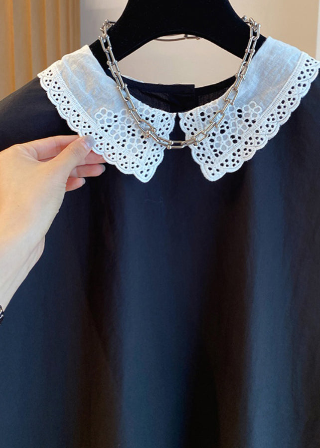 Chic Black Peter Pan Collar Cotton Shirts Top Summer