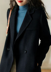 Chic Black Peter Pan Collar Pockets Patchwork Woolen Trench Winter