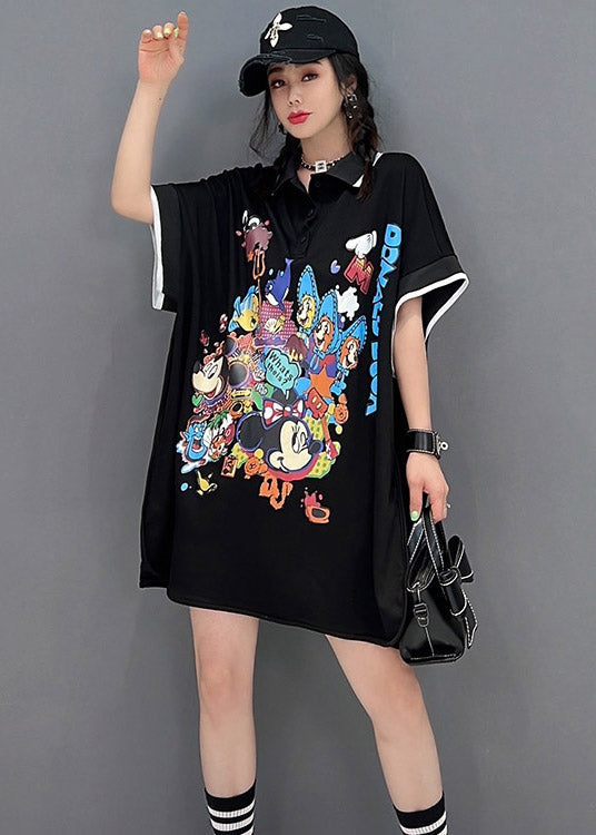 Chic Black Peter Pan Collar Print Mid Dresses Short Sleeve