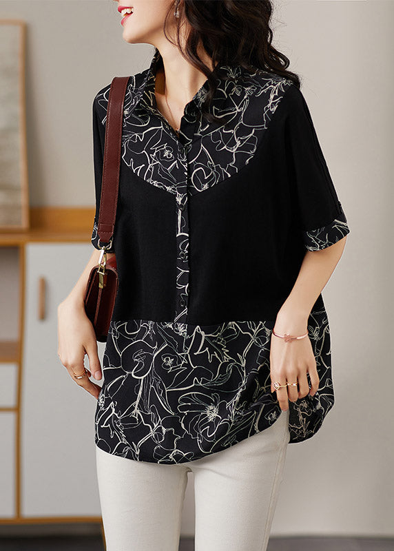 Chic Black Peter Pan Collar Print Patchwork Button Cotton Shirt Short Sleeve