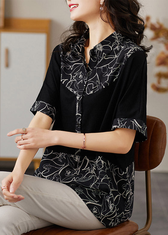 Chic Black Peter Pan Collar Print Patchwork Button Cotton Shirt Short Sleeve