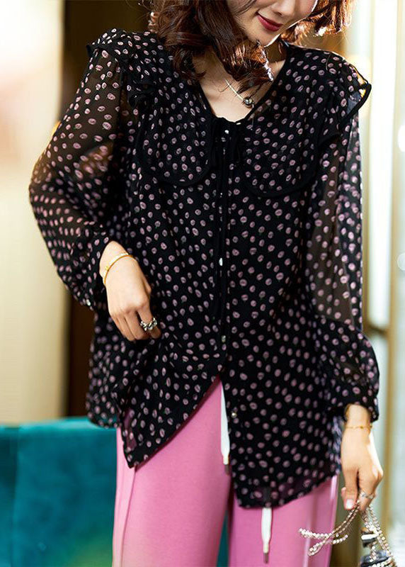 Chic Black Peter Pan Collar Print Patchwork Chiffon Blouse Tops Spring