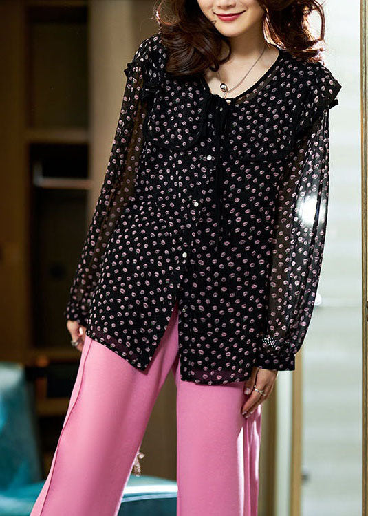 Chic Black Peter Pan Collar Print Patchwork Chiffon Blouse Tops Spring