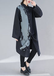 Chic Black Peter Pan Collar Print Patchwork Cotton Shirts Dresses Fall