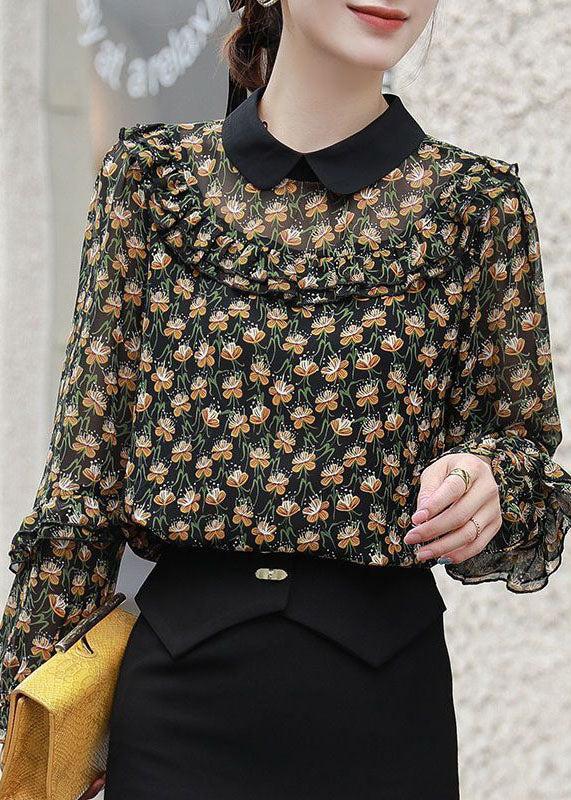 Chic Black Peter Pan Collar Ruffles Patchwork Print Chiffon Blouses Spring