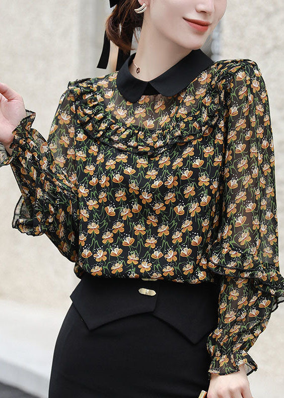 Chic Black Peter Pan Collar Ruffles Patchwork Print Chiffon Blouses Spring