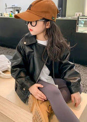 Chic Black Peter Pan Collar Zip Up Faux Leather Girls Coats Fall