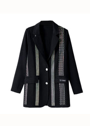 Chic Black Peter Pan Collar Zircon Patchwork Cotton Coat Fall