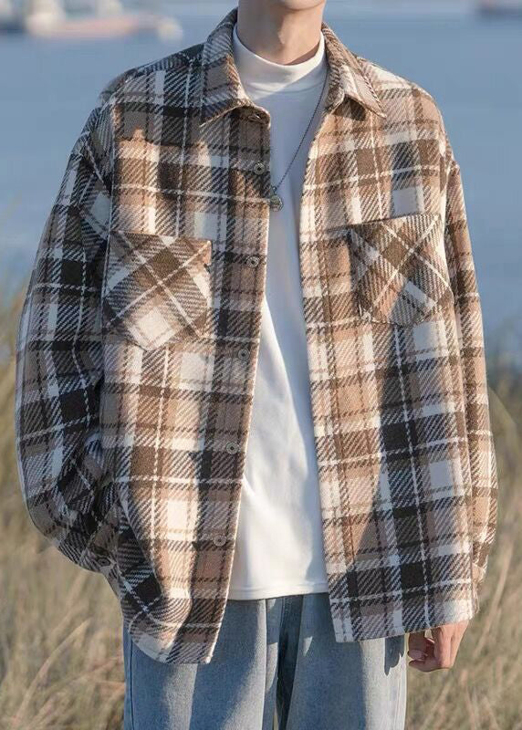 Chic Black Plaid Button Pockets Woolen Men Shirts Coats Spring