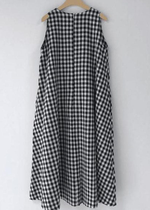 Chic Black Plaid O Neck Patchwork Cotton Dress Sleeveless