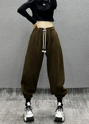 Chic Black Pockets Drawstring Warm Fleece Sport Beam Pants Winter