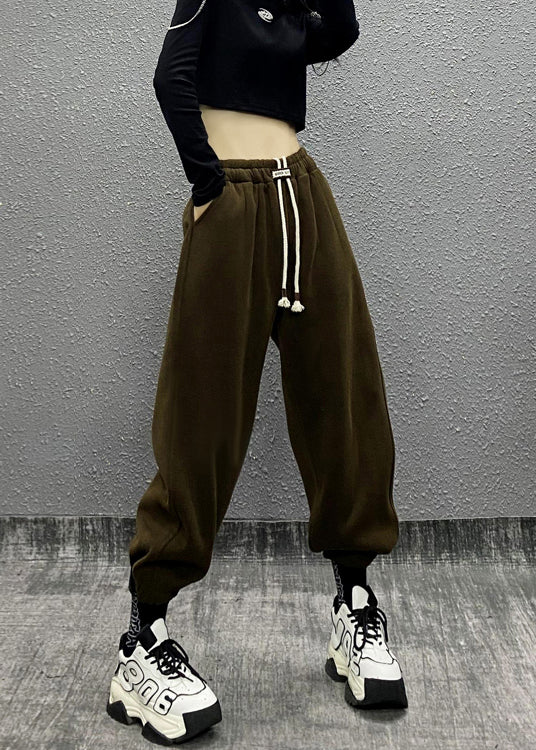 Chic Black Pockets Drawstring Warm Fleece Sport Beam Pants Winter