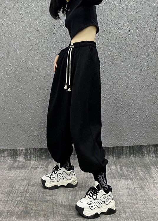 Chic Black Pockets Drawstring Warm Fleece Sport Beam Pants Winter