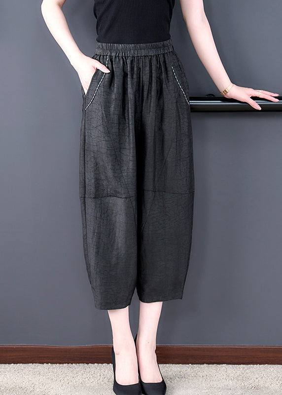 Chic Black Pockets Elastic Waist Silk Harem Pants Fall