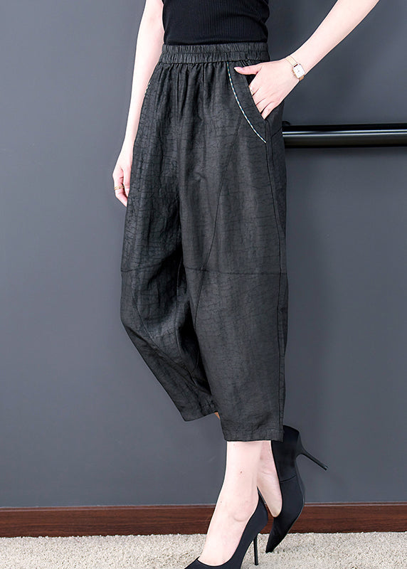 Chic Black Pockets Elastic Waist Silk Harem Pants Fall