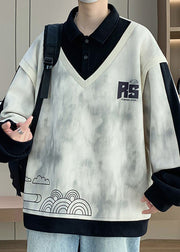 Chic Black Print Button Patchwork Cotton Mens Sweatshirts Spring