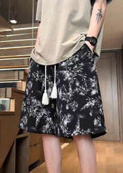 Chic Black Print Elastic Waist Cotton Summer Mens Shorts