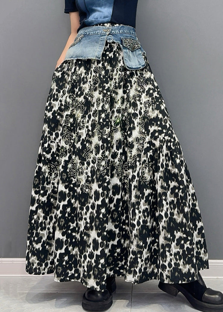 Chic Black Print High Waist Cotton Skirt Fall