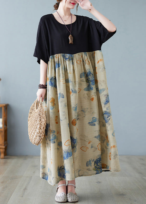 Chic Black Print Patchwork Long Dresses Short Sleeve