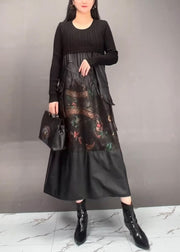 Chic Black Print Patchwork Wrinkled Maxi Dress Fall