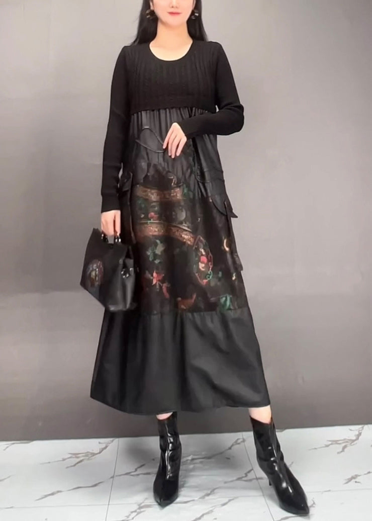 Chic Black Print Patchwork Wrinkled Maxi Dress Spring